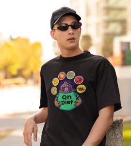 A fatty animated boy printed diwali themed unisex round neck blended black t-shirt specially for diwali festival