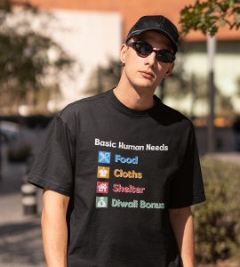 Basic human needs printed diwali themed unisex round neck blended black t-shirt specially for diwali festival