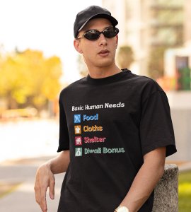Basic human needs printed diwali themed unisex round neck blended black t-shirt specially for diwali festival