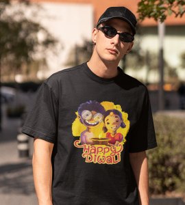 Diya light brighten with animated kids framed printed diwali themed unisex round neck blended black t-shirt specially for diwali festival
