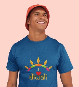 Classic earthen lamp /diyas vertically bended printed diwali themed round neck blue t-shirt specially for diwali festival
