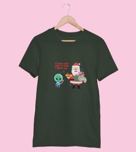 Santa And Alien's Talk : Elegantly Printed T-shirt (Green) Best Gift For Boys Girls