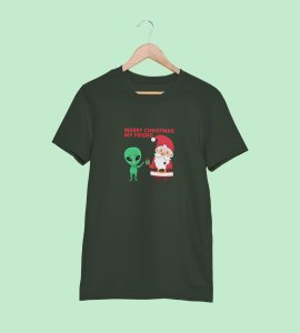 Santa With His Friend : Most Uniquely Printed T-shirt (Green) Best Gift For Boys Girls