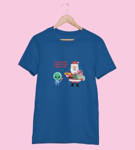 Santa And Alien's Talk : Elegantly Printed T-shirt (Blue) Best Gift For Boys Girls