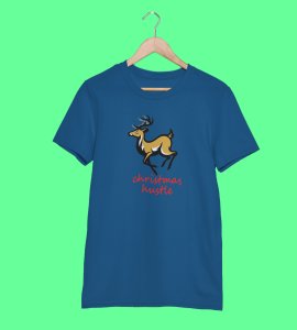 Hustling Reindeer : Funny & Cute Printed T-shirt (Blue) Perfect Gift For Secret Santa