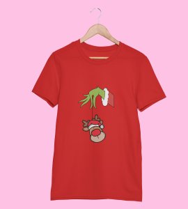 Alien & Reindeer:(Red) Christmas Edition Printed T-shirt - Ideal for Spreading Holiday Cheer at Gym, Yoga, and Outdoor Activities