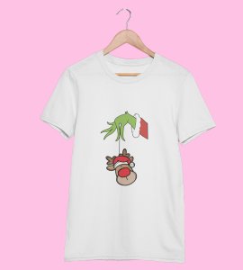 Alien & Reindeer:(White) Christmas Edition Printed T-shirt - Ideal for Spreading Holiday Cheer at Gym, Yoga, and Outdoor Activities