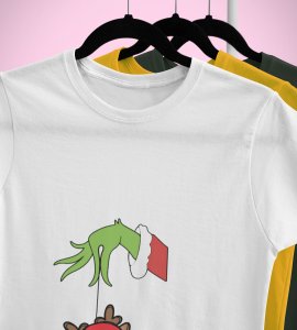 Alien & Reindeer:(White) Christmas Edition Printed T-shirt - Ideal for Spreading Holiday Cheer at Gym, Yoga, and Outdoor Activities