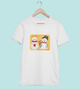 Warm Snowman : Beautifully Printed T-shirt (White) Perfect Gift For Christmas Eve