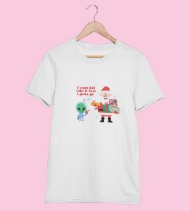 Santa And Alien's Talk : Elegantly Printed T-shirt (White) Best Gift For Boys Girls