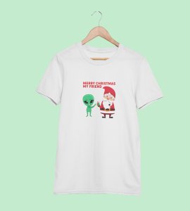Santa With His Friend : Most Uniquely Printed T-shirt (White) Best Gift For Boys Girls