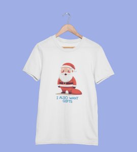 Even Santa Wants Gift: Cute Printed T-shirt (White) Perfect Gift For Boys Girls