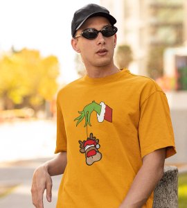 Alien & Reindeer:(Yellow) Christmas Edition Printed T-shirt - Ideal for Spreading Holiday Cheer at Gym, Yoga, and Outdoor Activities