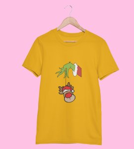 Alien & Reindeer:(Yellow) Christmas Edition Printed T-shirt - Ideal for Spreading Holiday Cheer at Gym, Yoga, and Outdoor Activities