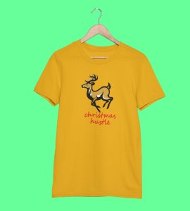Hustling Reindeer : Funny & Cute Printed T-shirt (Yellow) Perfect Gift For Secret Santa