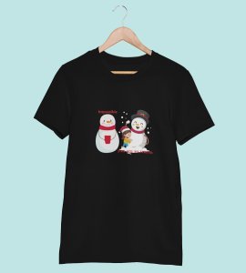 Warm Snowman : Beautifully Printed T-shirt (Black) Perfect Gift For Christmas Eve