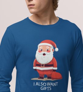 Santa Is Waiting For Gifts: Best DesignerFull Sleeve T-shirt Blue Unique Gifts For Secret Santa