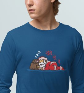 Sleepy Santa: Cute DesignerFull Sleeve T-shirt Blue Unique Gift For Kids Boys Girls
