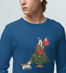 Frightened Santa: Cute DesignerFull Sleeve T-shirt For Christmas Blue Best Gift For Boys Girls