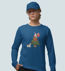 Frightened Santa: Cute DesignerFull Sleeve T-shirt For Christmas Blue Best Gift For Boys Girls