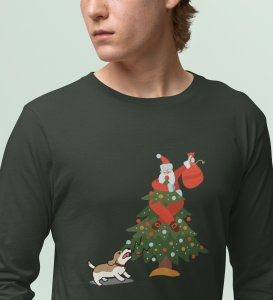 Frightened Santa: Cute DesignerFull Sleeve T-shirt For Christmas Green Best Gift For Boys Girls