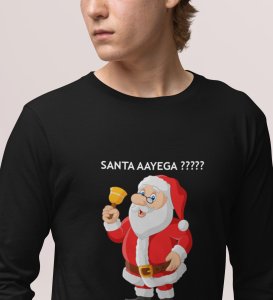 Curious Santa: Cute DesignerFull Sleeve T-shirt Black Best Gift For Kids Boys Girls