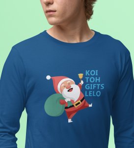 Santa Distributing Gifts: Best DesignerFull Sleeve T-shirt For Christmas BlueMost Liked Gift For Boys Girls