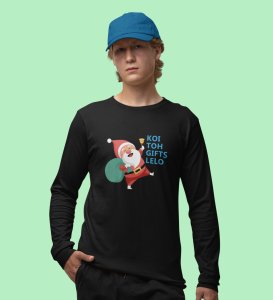 Santa Distributing Gifts: Best DesignerFull Sleeve T-shirt For Christmas BlackMost Liked Gift For Boys Girls