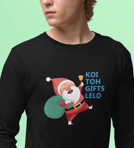 Santa Distributing Gifts: Best DesignerFull Sleeve T-shirt For Christmas BlackMost Liked Gift For Boys Girls