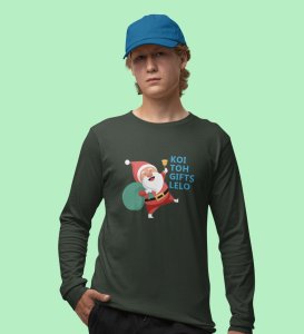 Santa Distributing Gifts: Best DesignerFull Sleeve T-shirt For Christmas GreenMost Liked Gift For Boys Girls