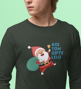 Santa Distributing Gifts: Best DesignerFull Sleeve T-shirt For Christmas GreenMost Liked Gift For Boys Girls