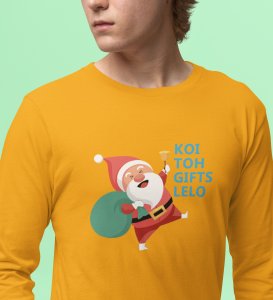 Santa Distributing Gifts: Best DesignerFull Sleeve T-shirt For Christmas YellowMost Liked Gift For Boys Girls