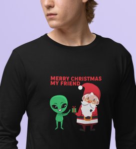 Cute Santa With Alien: Cutest DesignedFull Sleeve T-shirt Black Best Gift For Kids