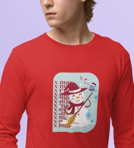 Snowman Sings: Beautifully CraftedFull Sleeve T-shirt Red Perfect Gift For Secret Santa