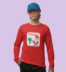 Cute Santa With Alien: Cutest DesignedFull Sleeve T-shirt Red Best Gift For Kids