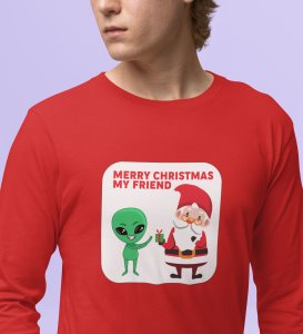 Cute Santa With Alien: Cutest DesignedFull Sleeve T-shirt Red Best Gift For Kids