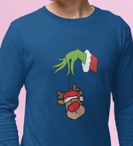 Alien & Reindeer:Blue Christmas Edition PrintedFull Sleeve T-shirt - Ideal for Spreading Holiday Cheer at Gym, Yoga, and Outdoor Activities