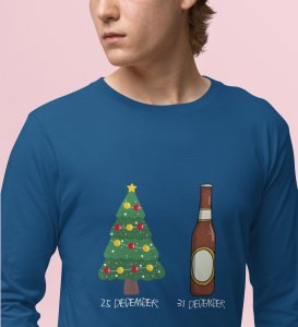 Christmas Cheer Later Chilled Beer: Humorously DesignedFull Sleeve T-shirt Blue Perfect Gift For Secret Santa