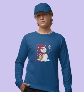 Snowman Sings: Beautifully CraftedFull Sleeve T-shirt Blue Perfect Gift For Secret Santa