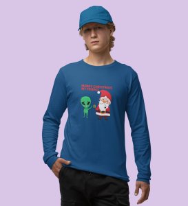 Cute Santa With Alien: Cutest DesignedFull Sleeve T-shirt Blue Best Gift For Kids