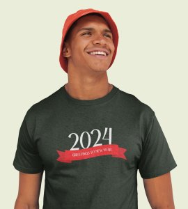 Greetings For New YearGreen New Year Printed T-shirt For Mens
