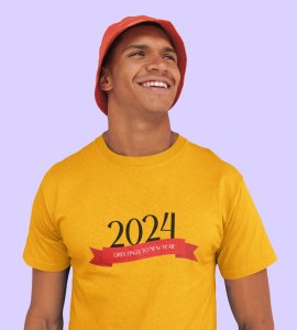 Greetings For New YearYellow New Year Printed T-shirt For Mens