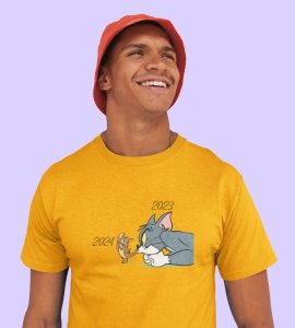 No More 2023 Yellow New Year Printed T-shirt For Mens