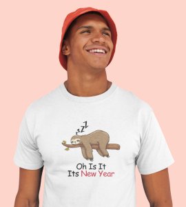 Sloth's New Year White Graphic Printed T-shirt For Mens Boys