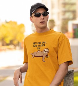 New Year Always Comes Yellow New Year Printed T-shirt For Mens
