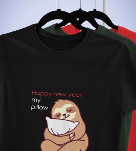 Pillow And New Year Black Graphic Printed T-shirt For Mens Boys