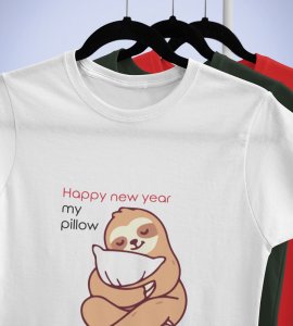 Pillow And New Year White Graphic Printed T-shirt For Mens Boys