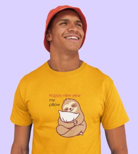 Pillow And New Year Yellow Graphic Printed T-shirt For Mens Boys