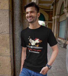 Chicken's New Year Black Graphic Printed T-shirt For Mens Boys