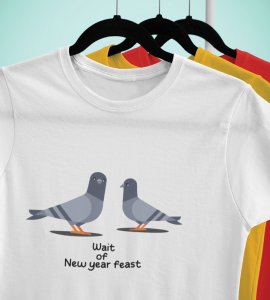 New Year Feast White Graphic Printed T-shirt For Mens Boys
